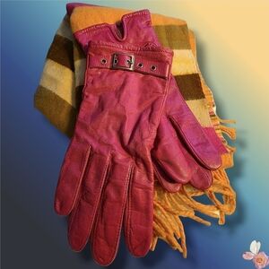 Winter Set: Pink Leather Gloves (Fit M) & Scotland Cashmere Scarf